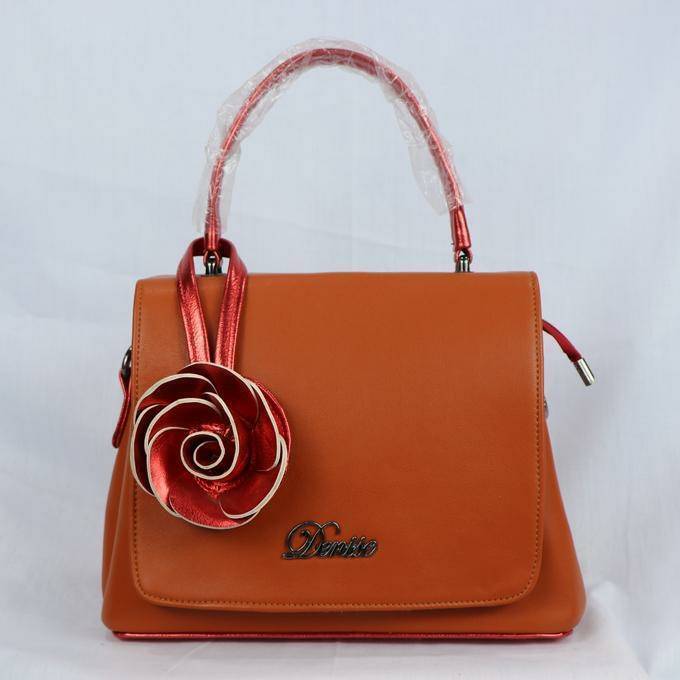 Orange Artificial Leather Bag Embossed Flower Handbag For Women